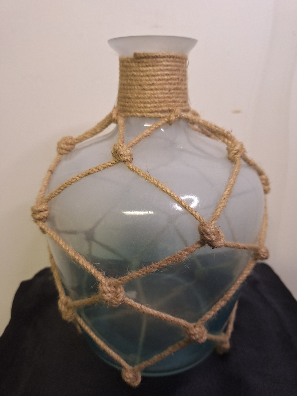 Coastal Blue Glass Bottle Vase with Natural Rope Netting